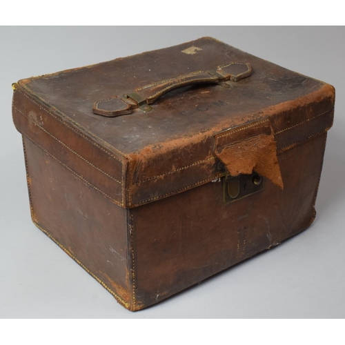 94 - A Late 19th Century Leather Hat Box Containing a Later Grey Top Hat, 35cm wide