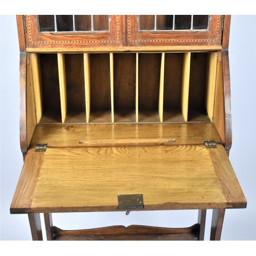 96 - An Edwardian String Inlaid Hall Bureau Bookcase with Leaded Paneled Glazed Doors to Shelved Top, Fal... 