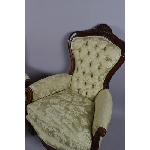 564 - A Pair of Reproduction Mahogany Framed Victorian Style Buttoned Upholstered Armchairs with Serpentin... 