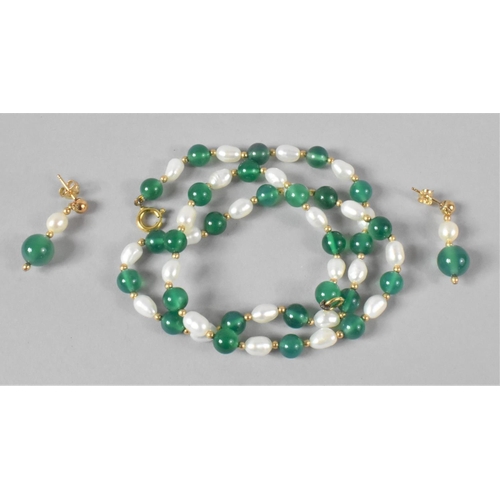 420 - A String of Freshwater Pearls and Green Glass Beads, Having Matching Earrings