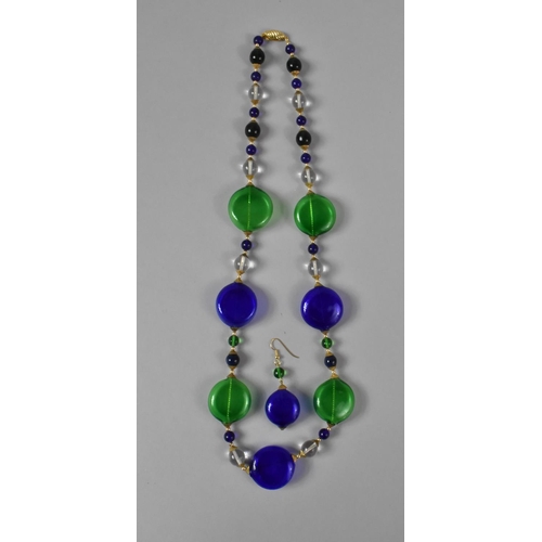 423 - A Venetian Hand Blown Art Glass Blue and Green Bead Necklace, 70cms Long with Single Matching Earrin... 