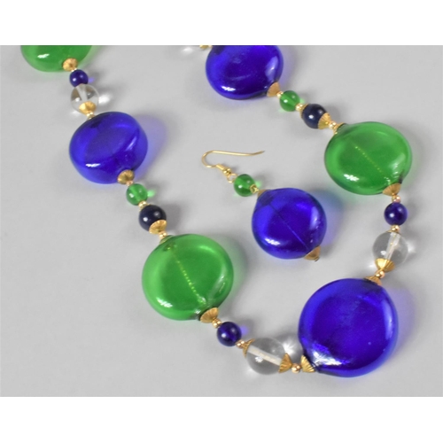 423 - A Venetian Hand Blown Art Glass Blue and Green Bead Necklace, 70cms Long with Single Matching Earrin... 