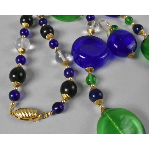 423 - A Venetian Hand Blown Art Glass Blue and Green Bead Necklace, 70cms Long with Single Matching Earrin... 