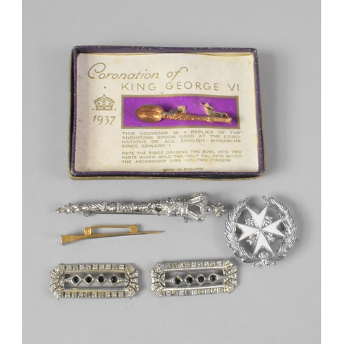 428 - A Collection of Vintage Enamelled and Jewelled Brooches, George V Miniature Coronation Spoon Etc