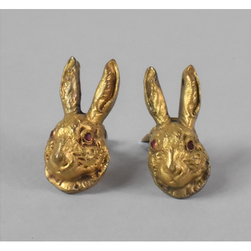 432 - A Pair of Gilt Metal Novelty Cape Clips in the Form of Rabbits Heads with Red Jewelled Eyes