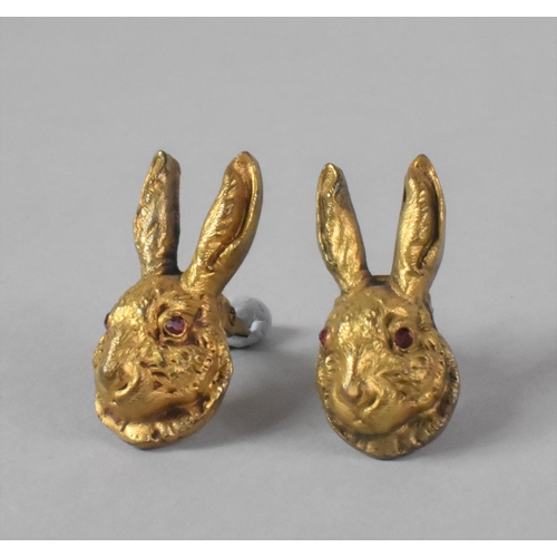 432 - A Pair of Gilt Metal Novelty Cape Clips in the Form of Rabbits Heads with Red Jewelled Eyes