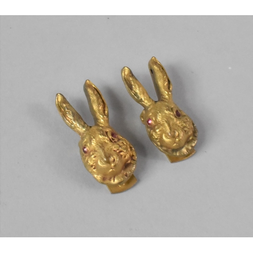 432 - A Pair of Gilt Metal Novelty Cape Clips in the Form of Rabbits Heads with Red Jewelled Eyes