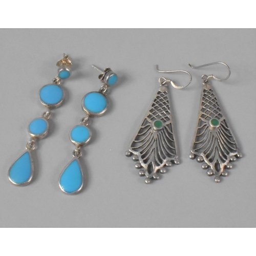 433 - Two Pairs of Silver Drop Earrings having Turquoise and Green Stone Mounts