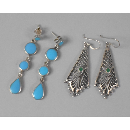 433 - Two Pairs of Silver Drop Earrings having Turquoise and Green Stone Mounts