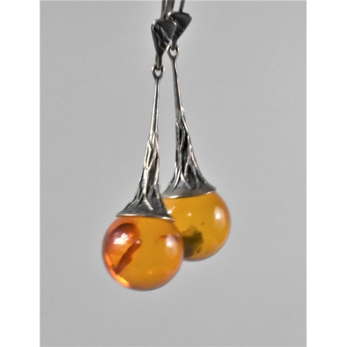 434 - A Pair of Amber and Silver Drop Earrings (One Bead AF)