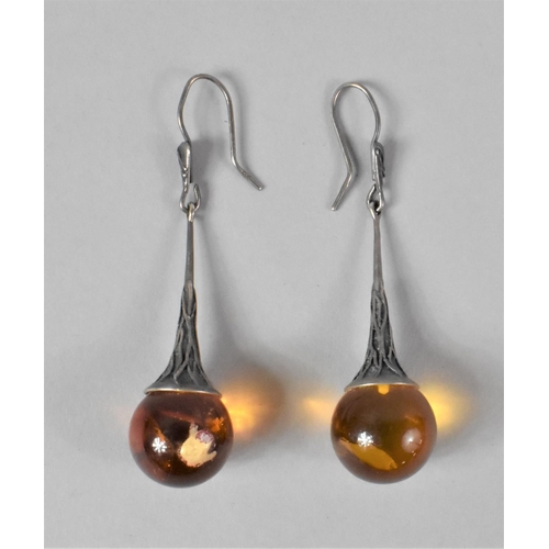 434 - A Pair of Amber and Silver Drop Earrings (One Bead AF)