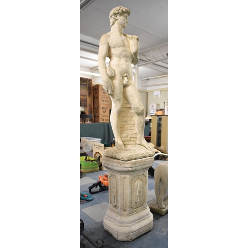 443 - A Large Reconstituted Stone Figure of David on Rectangular Plinth Base, Overall Height, 179cms