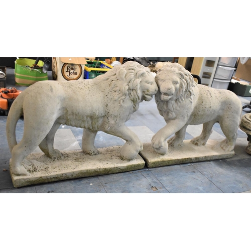 444 - A Pair of Reconstituted Garden Figures, Lions with Paw Raised on Globe, Each 70cms Long