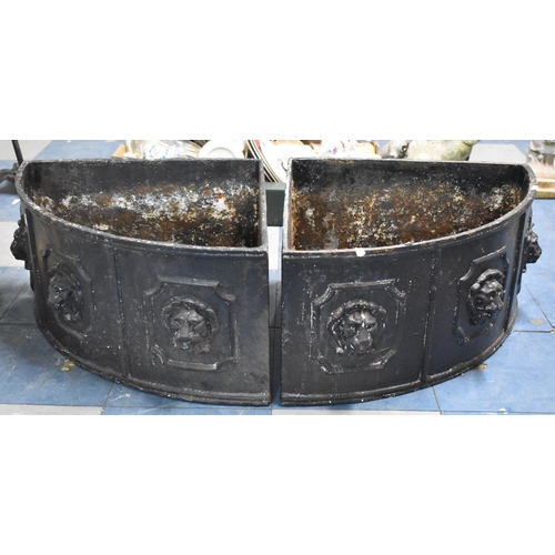 448 - A Pair of Heavy Cast Iron Quadrant Garden Troughs, Each Decorated with Three Lion Masks, 75cms Wide