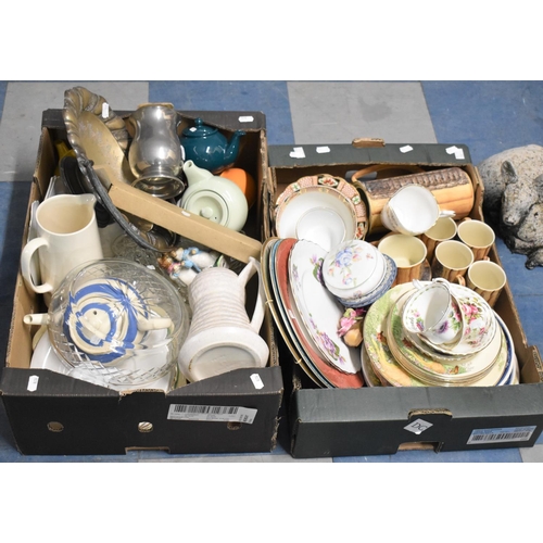 451 - Two Boxes Containing Various Glassware and China to include Royal Albert, Wedgwood, Silver PLate, Te... 