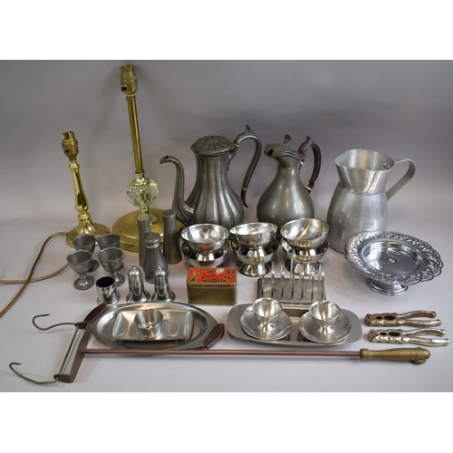 465 - A Collection of Metalwares to Include Brass Table Lamps, Pewter, Stainless Steel etc