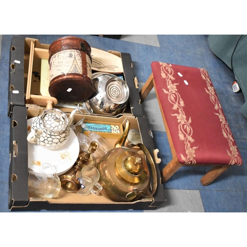 471 - Two Boxes of Sundries to include Rectangular Stool, Copper Kettle, Teapot, Ceramics and Glass, Pr Ca... 