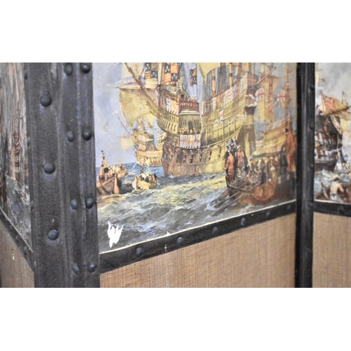 502 - A Four Fold Modesty Screen Decorated with Naval Battle Scenes, 174cms High