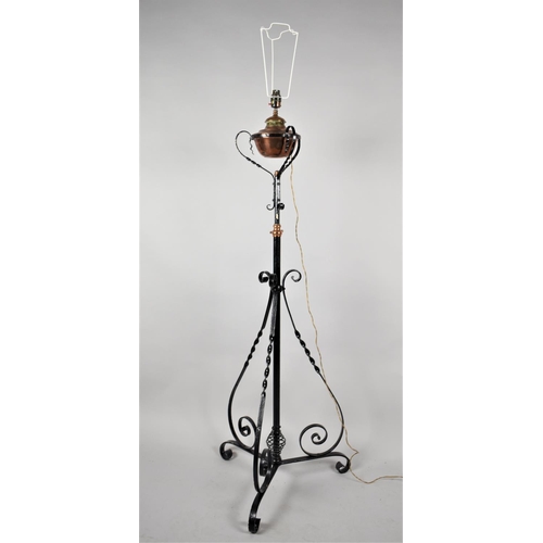 512 - A Late Victorian/Edwardian Wrought Iron Based Copper Mounted Tripod Oil Lamp Stand, Converted to Ele... 