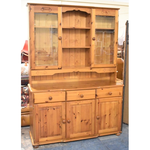 516 - A Modern Pine Kitchen Dresser, with Three Central Drawers, Cupboards and Glazed Top Section with Cen... 