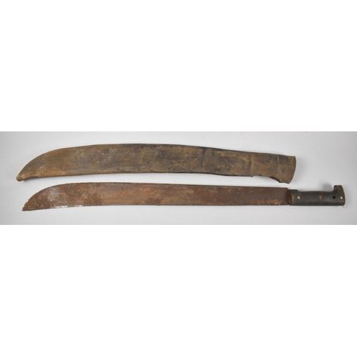 102 - A Far Eastern Machete with Leather Scabbard, Blade Rusted, 75cm long