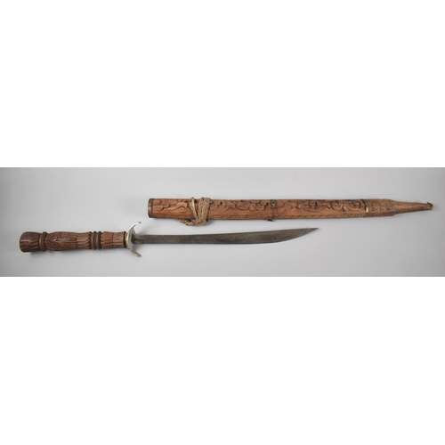 103 - A Souvenir Far Eastern Sword, in Carved Wooden Scabbard, Total Length 90cm