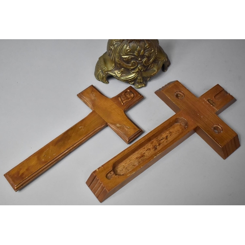 117 - A Large Brass Altar Top Crucifix, 44cm high and a Wooden Cross Candle Box