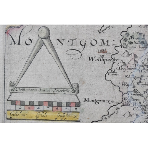 142 - A Framed 17th Century Christopher Saxton Hand Coloured Map of Shropshire, Some Water Staining, 35x30... 