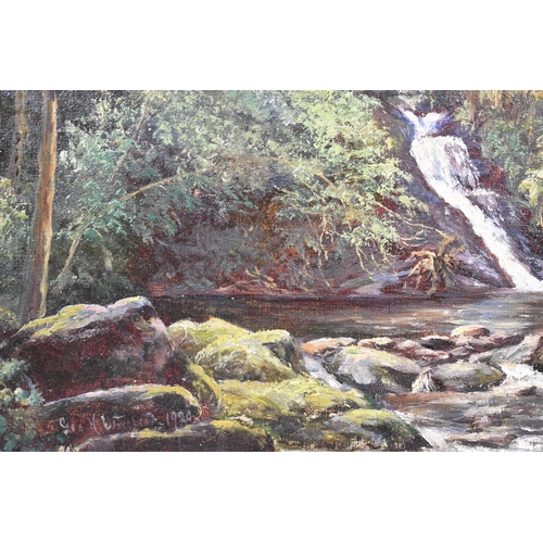 156 - A Gilt Framed Oil Board Depicting Wooded Waterfall, Glen Roy, Lonan, Signature Indistinct but Dated ... 