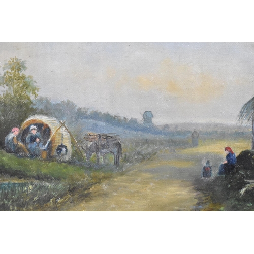 182 - A Framed Oil on Canvas Depicting Gypsy Encampment Beside Cottage, 47x20cm