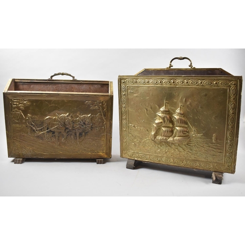 215 - Two Brass Two Division Magazine Racks Decorated with Galleon and Heavy Horses Ploughing