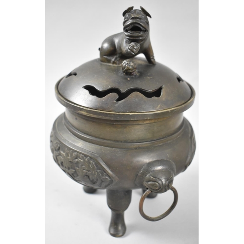 292 - A Bronze Incense Burner Supported on Tri Supports the Body Having Twin Ring Handles with Temple Lion... 