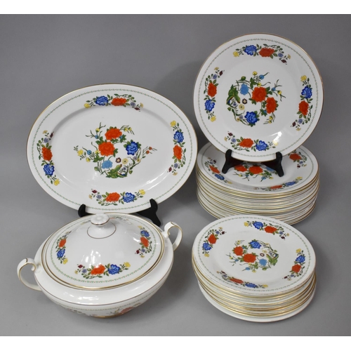 303 - An Aynsley Famille Rose Pattern Dinner Set to Comprise Oval Platter, Lidded Tureen, Twelve Large Pla... 