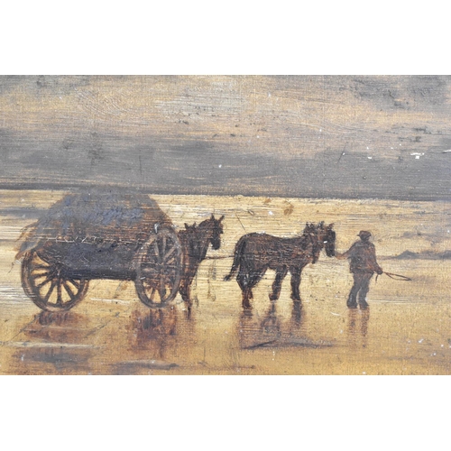 309 - A Gilt Framed Oil on Board, Seaweed Gathering on Beach, Some Scratches, 30x22.5cm