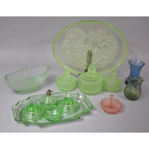 375 - A Collection of Various Mid/Late 20th Century Green Glass Dressing Table Items to Include Mermaid De... 