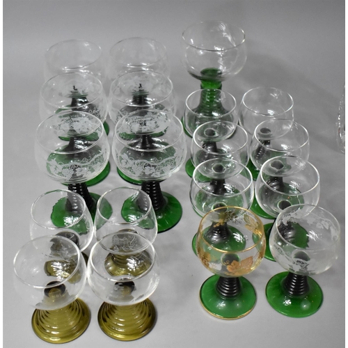 384 - A Collection of Various Green Stemmed Hock Goblets Together with a Decanter and Glass Set with Thist... 