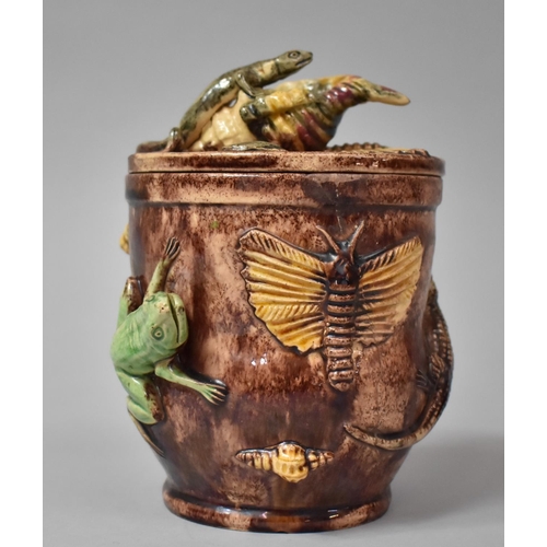 401 - A Portuguese Caldas Palissy Ware Tobacco Pot Decorated with Frog, Snails, Lizards, Seashells, Snake ... 