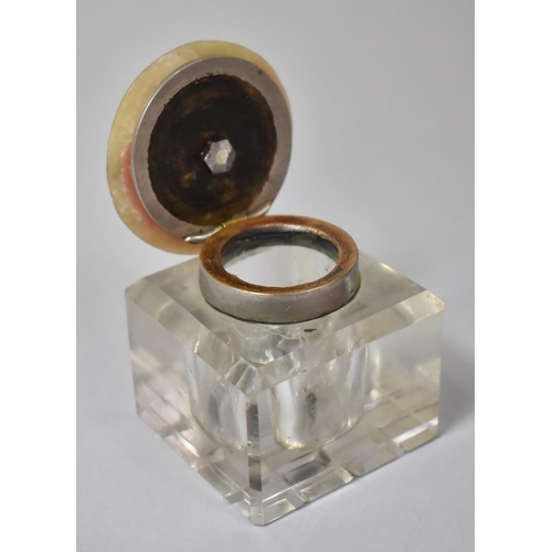 409 - A Desktop Glass Inwell of Square Form with Blonde Tortoiseshell Lid Inlaid with Silver, 6cm Square