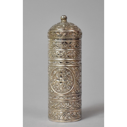 415 - An Oriental Cylindrical Silver Needle Case with Engraved Decoration, 8cm high