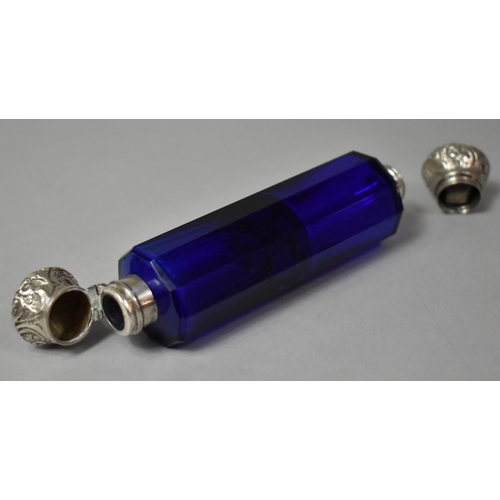 424 - A Silver Mounted Double Ended Scent Flask in Cobalt Blue Glass, Missing Inner Stopper, 12cm long