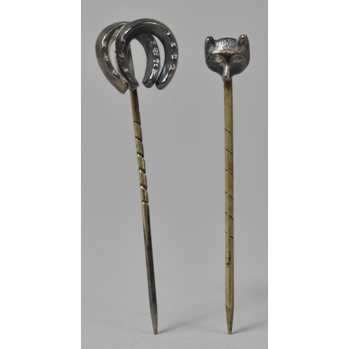 444 - Two Silver Tie Pins, Fox Mask and Horseshoes