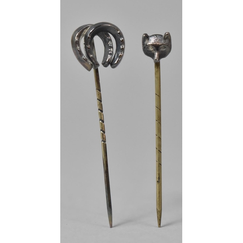 444 - Two Silver Tie Pins, Fox Mask and Horseshoes