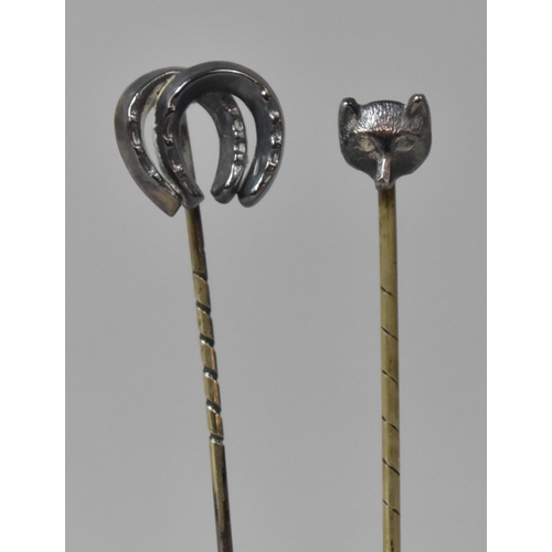 444 - Two Silver Tie Pins, Fox Mask and Horseshoes