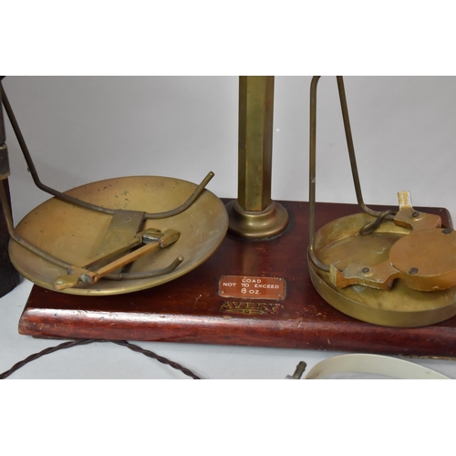 502 - A Set of Vintage Brass Pan Scales for Restoration, Scumble Glazed Vintage Radio, Mahogany Work Box e... 