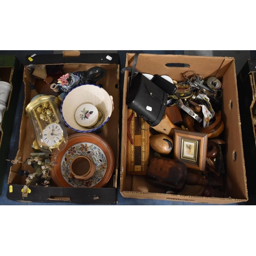 506 - Two Boxes of Sundries to Include Pillar Clock, Bowls, Cribbage Board, Tape Measure etc