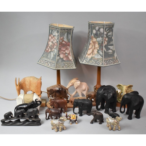 508 - A Collection of Wooden Animal Ornaments, Pair of Table Lamps, Metal and Ceramic Elephants etc