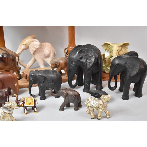 508 - A Collection of Wooden Animal Ornaments, Pair of Table Lamps, Metal and Ceramic Elephants etc