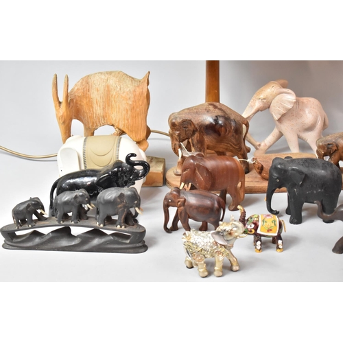 508 - A Collection of Wooden Animal Ornaments, Pair of Table Lamps, Metal and Ceramic Elephants etc