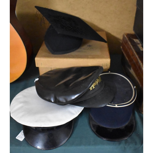 520 - A Collection of Vintage Hats to Include French, Railway, Marine, Mortar and Gown with Cardboard Box ... 