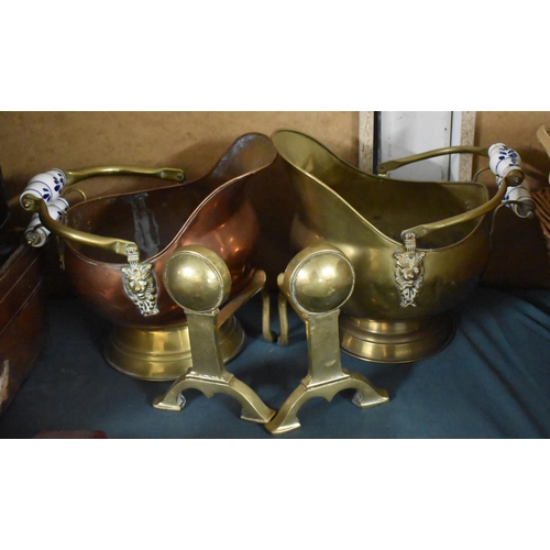 522 - Two Modern Brass Helmet Coal Scuttles with Ceramic Handles and a Pair of Fire dogs